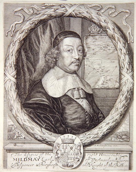 Portrett av Mildmay Fane, fra Atlas of the Counties of England and Wales av Christopher Saxton, gravert av P. Williamson, 1662 av English School