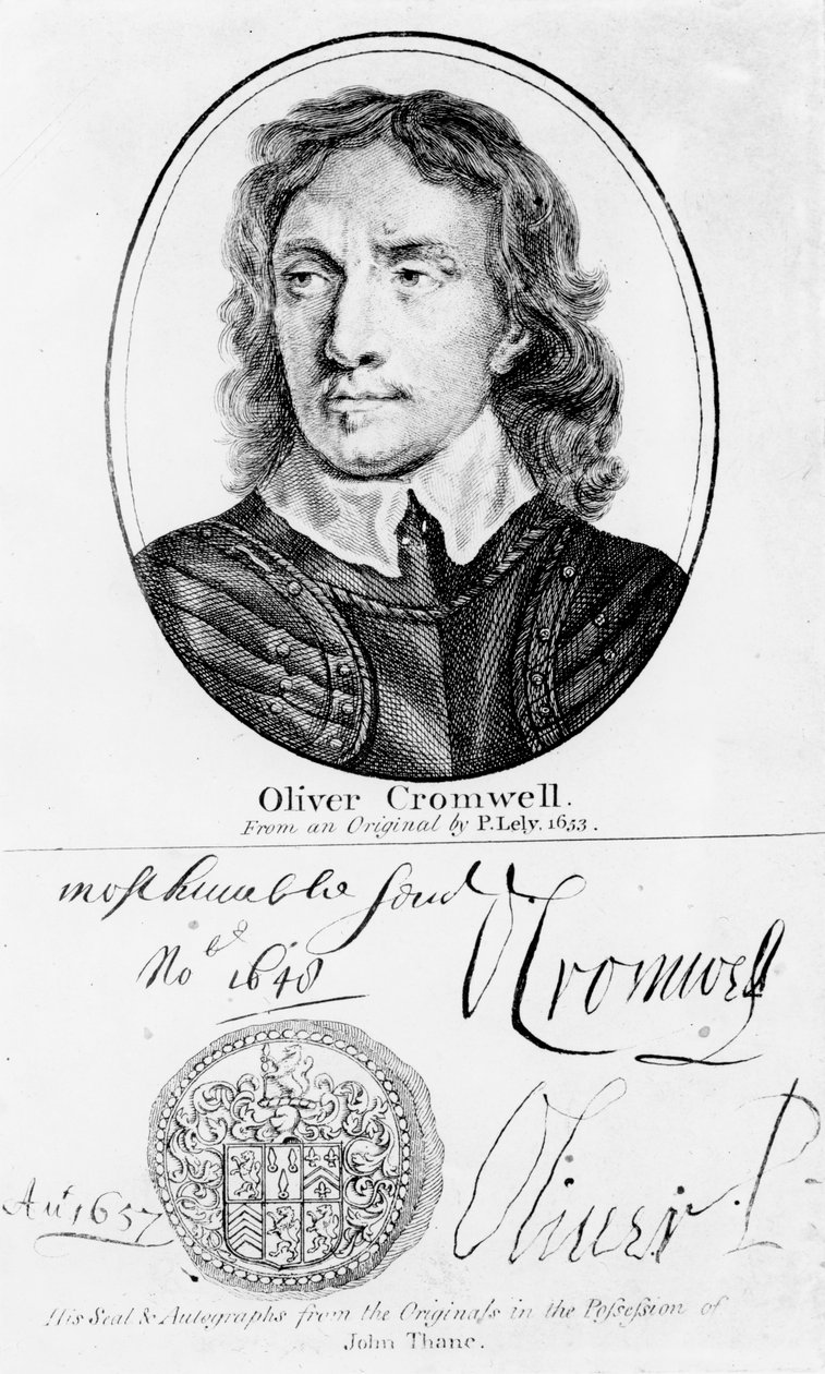 Portrett av Oliver Cromwell (1599-1658) fra en original av Peter Lely fra 1653, og hans segl og autografer av English School