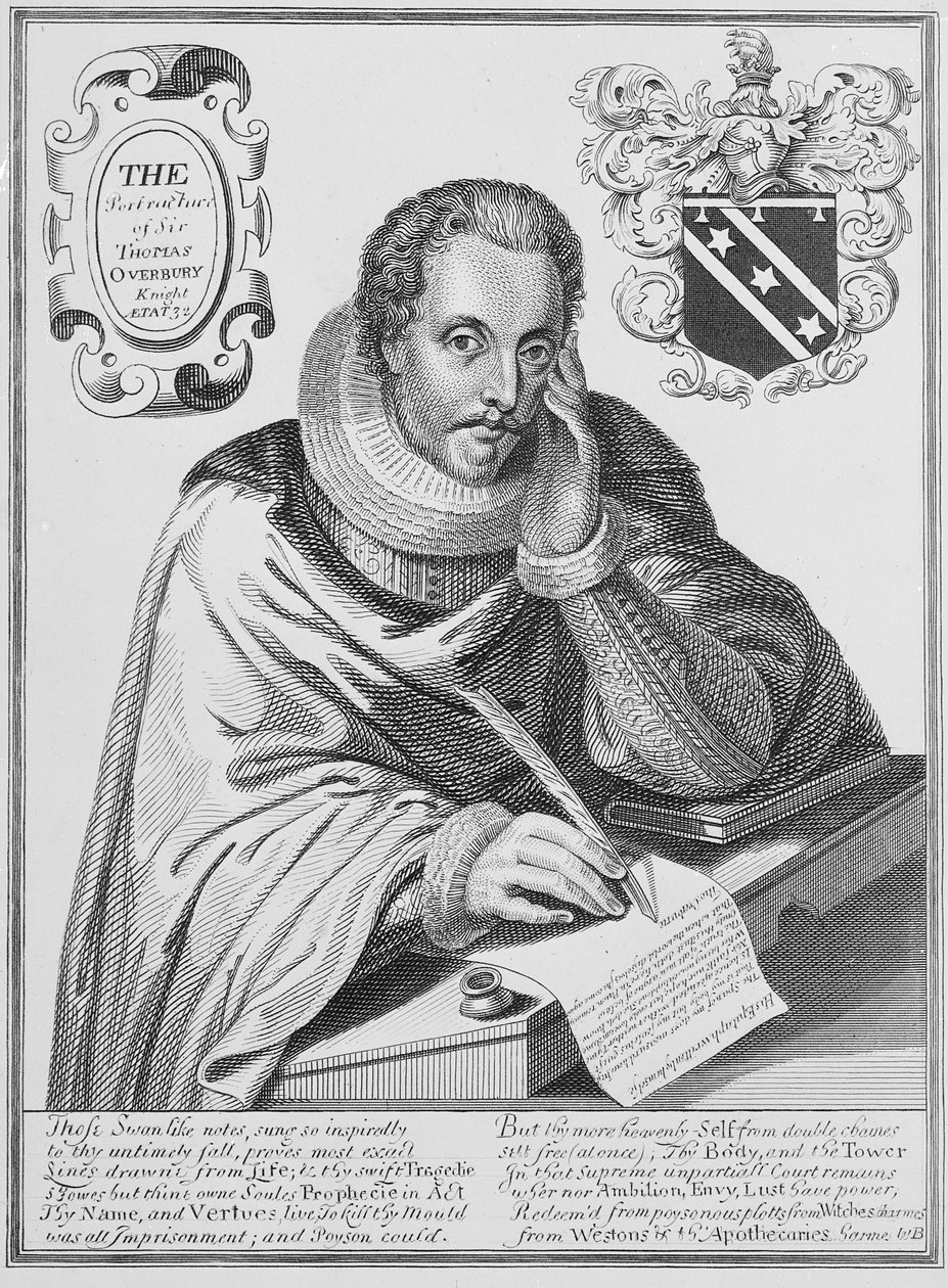 Portrett av Sir Thomas Overbury (1581-1613) som skriver ut gravskriftet sitt, gravert av Renold Elstrack (1571-c.1630) 1613 av English School