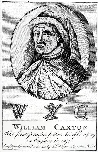 Portrett av William Caxton (ca. 1422-91) og hans Printers Mark av English School
