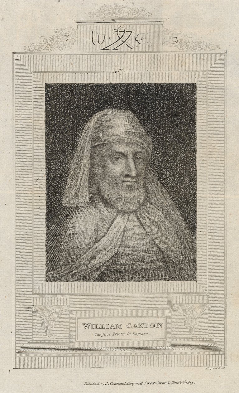Portrett av William Caxton (ca. 1422-91) og hans Printer's mark av English School