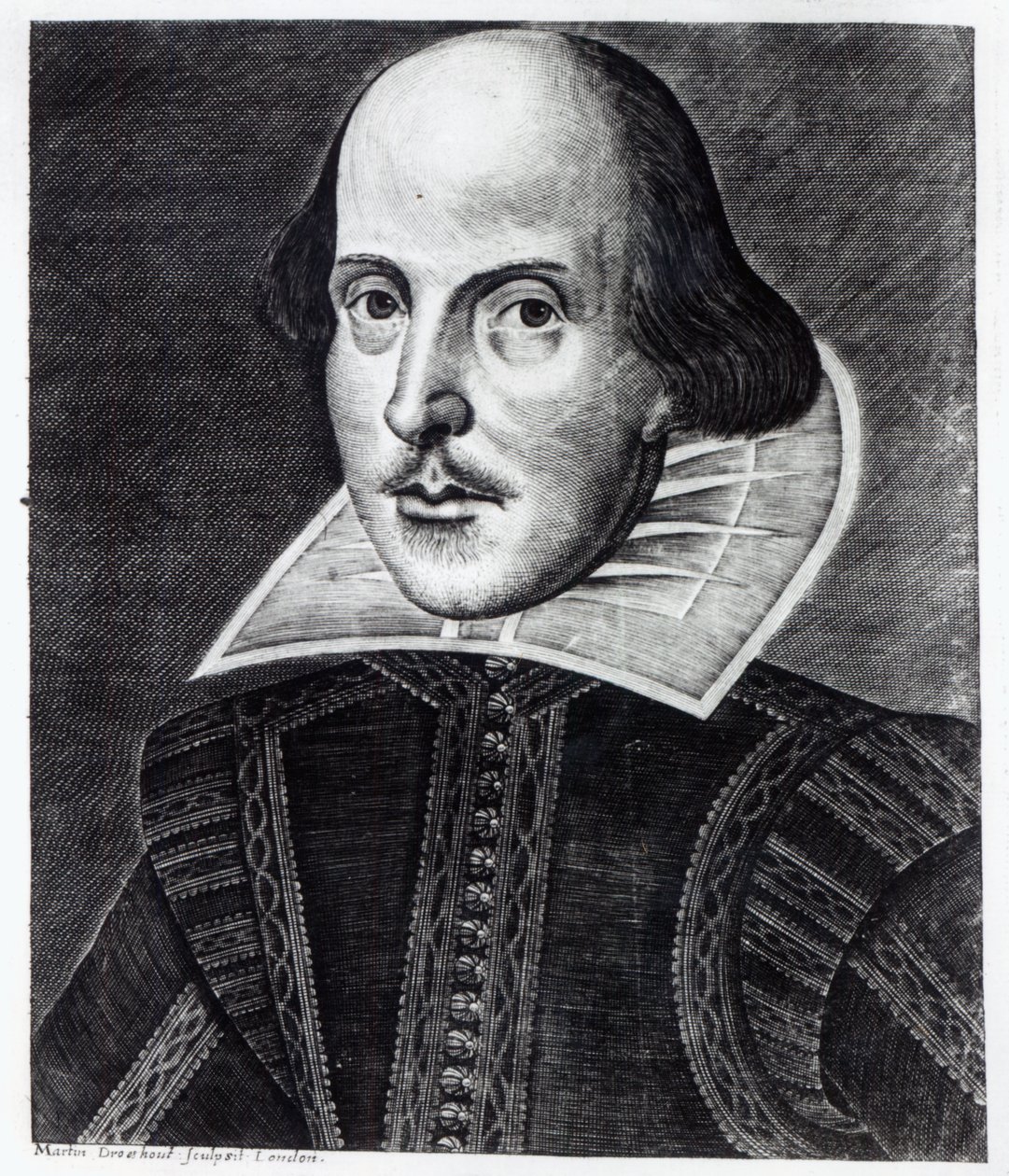 Portrett av William Shakespeare, gravert av Martin Droeshout, 1623 av English School