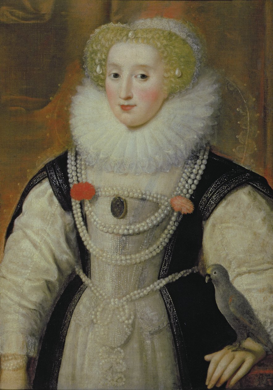 Portrett av en Elizabethansk dame med en papegøye av English School