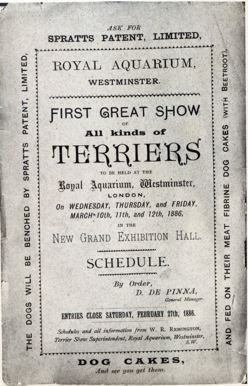 Plakat som reklamerer for Allied Terrier Club Show på Royal Aquarium, Westminster i 1886 av English School