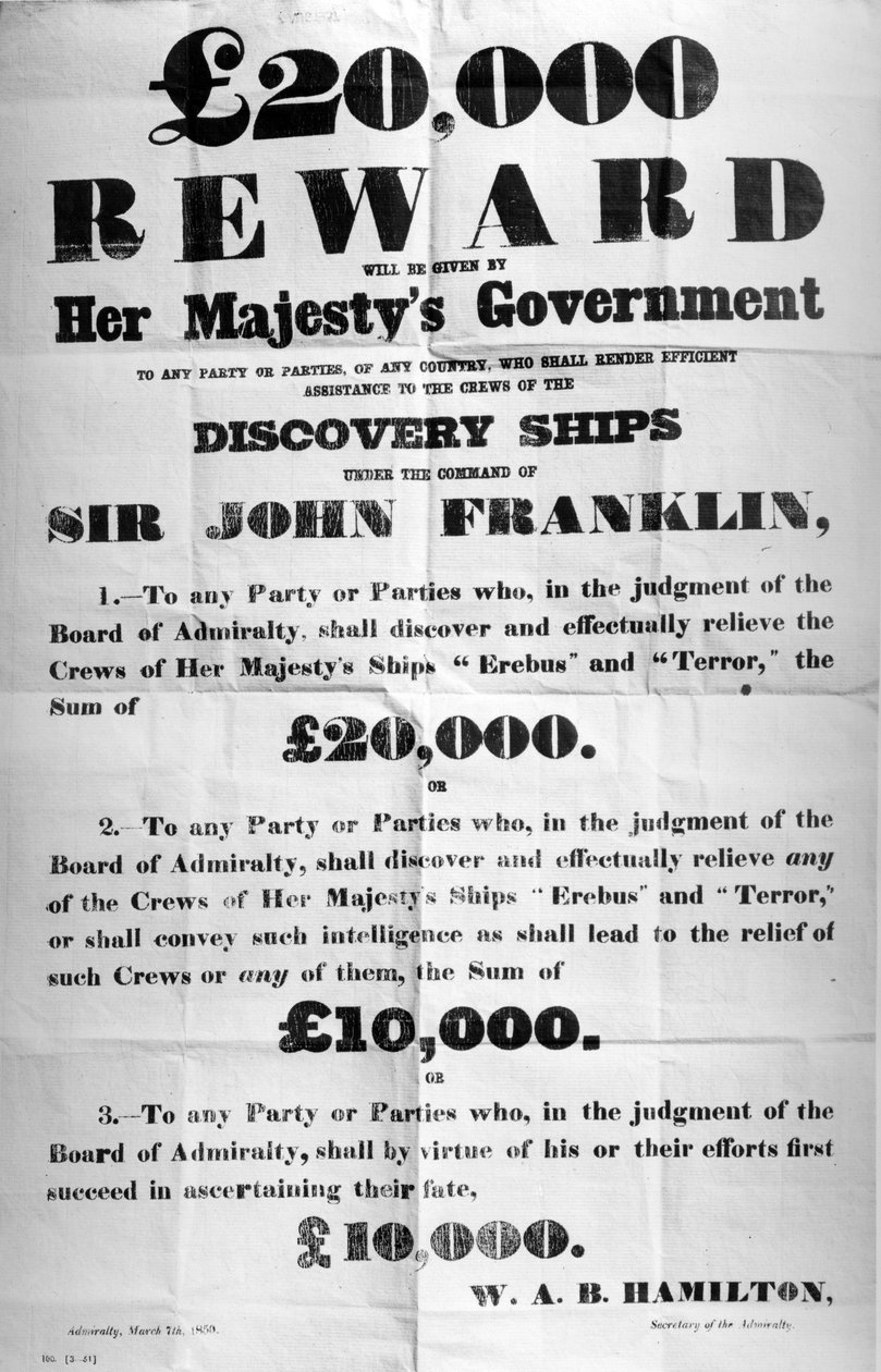 Plakat som tilbyr en belønning for oppdagelsen av den tapte Franklin Arctic Expedition, 1850 (trykt papir) av English School
