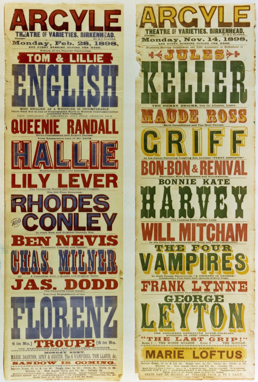 Plakater for Argyle Theatre of Varieties, Birkenhead, 1898 av English School
