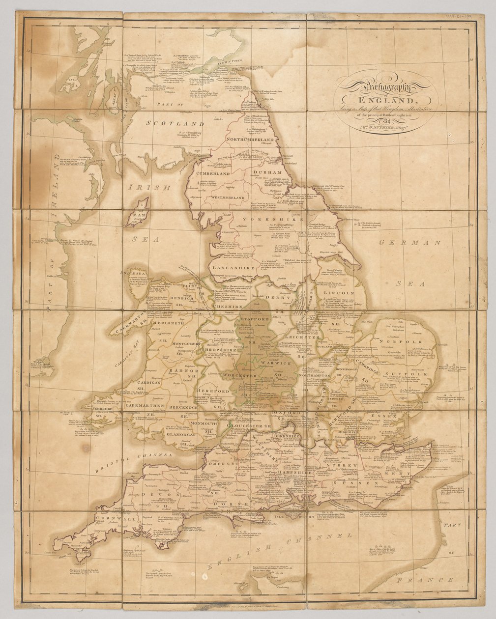 Praehagraphy of England, som er et kart over det kongeriket som illustrerer de viktigste kampene som utkjempes i det, pub. 1807 av English School