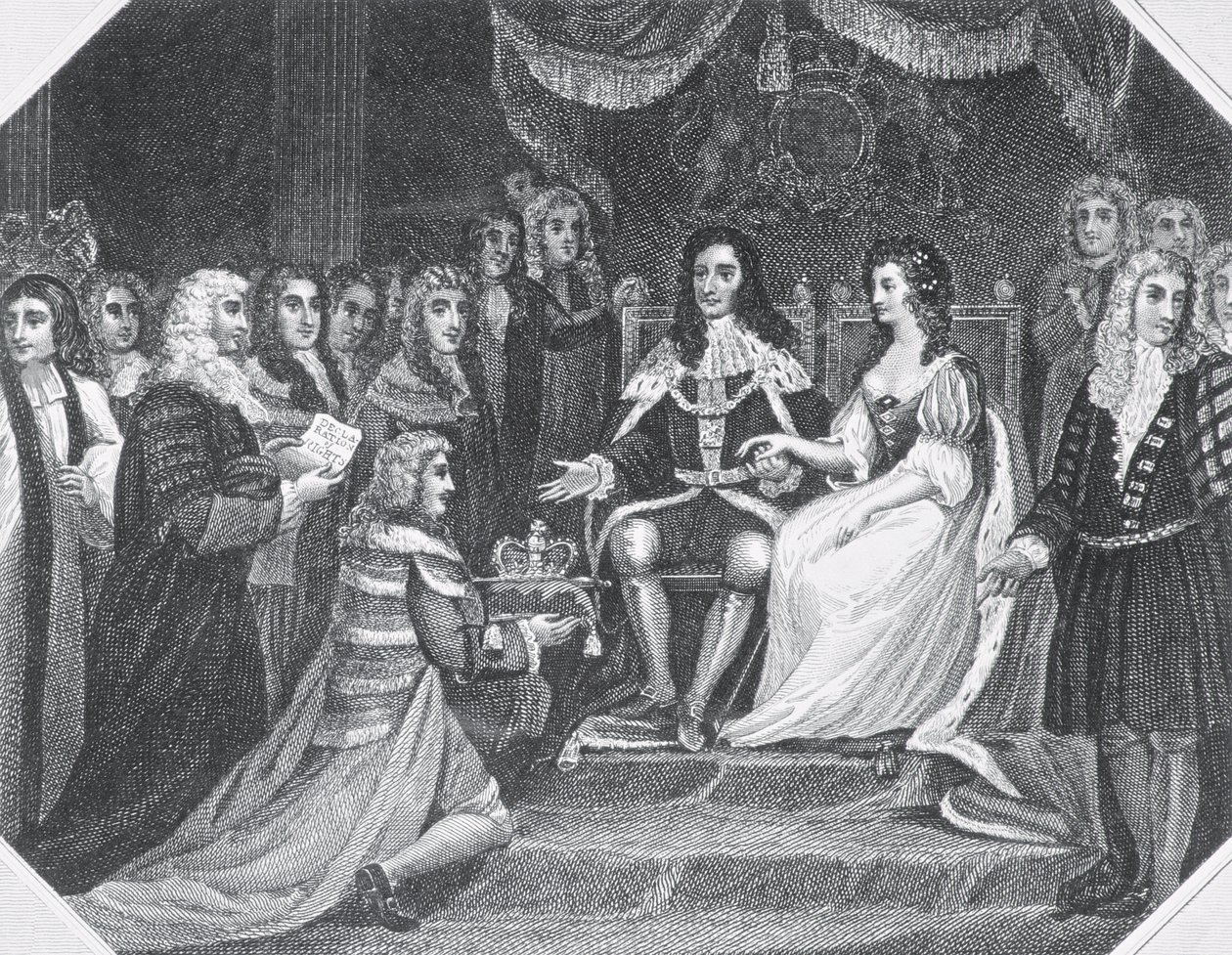 Presentasjon av Bill of Rights til William III (1650-1702) av Orange og Mary II (1662-94) av English School