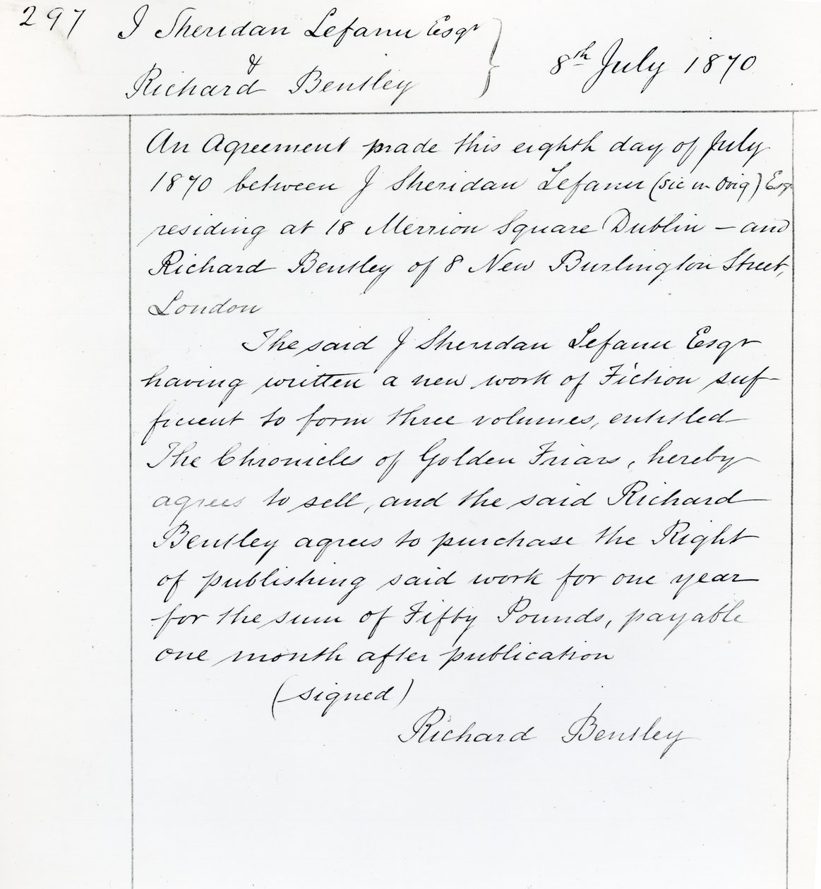 Publiseringskontrakt mellom Joseph Sheridan Le Fanu og Richard Bentley for 