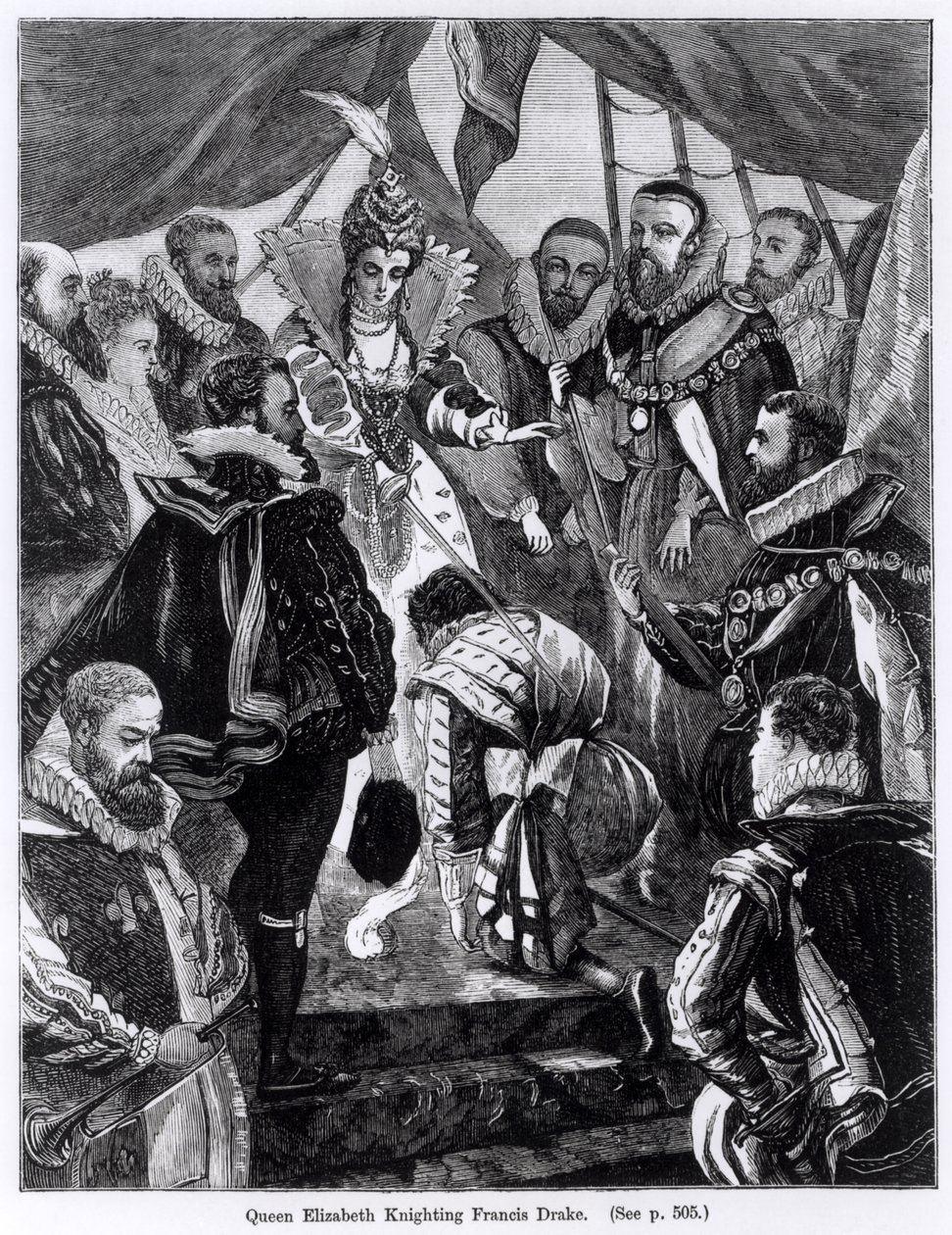 Dronning Elizabeth I (1530-1603) ridder Francis Drake (ca. 1540-96) i 1581 av English School