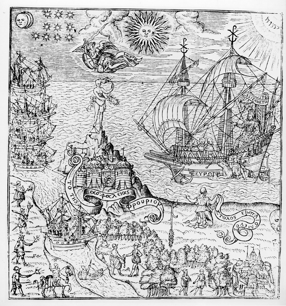 Dronning Elizabeth I (1553-1603) om bord på et skip av English School
