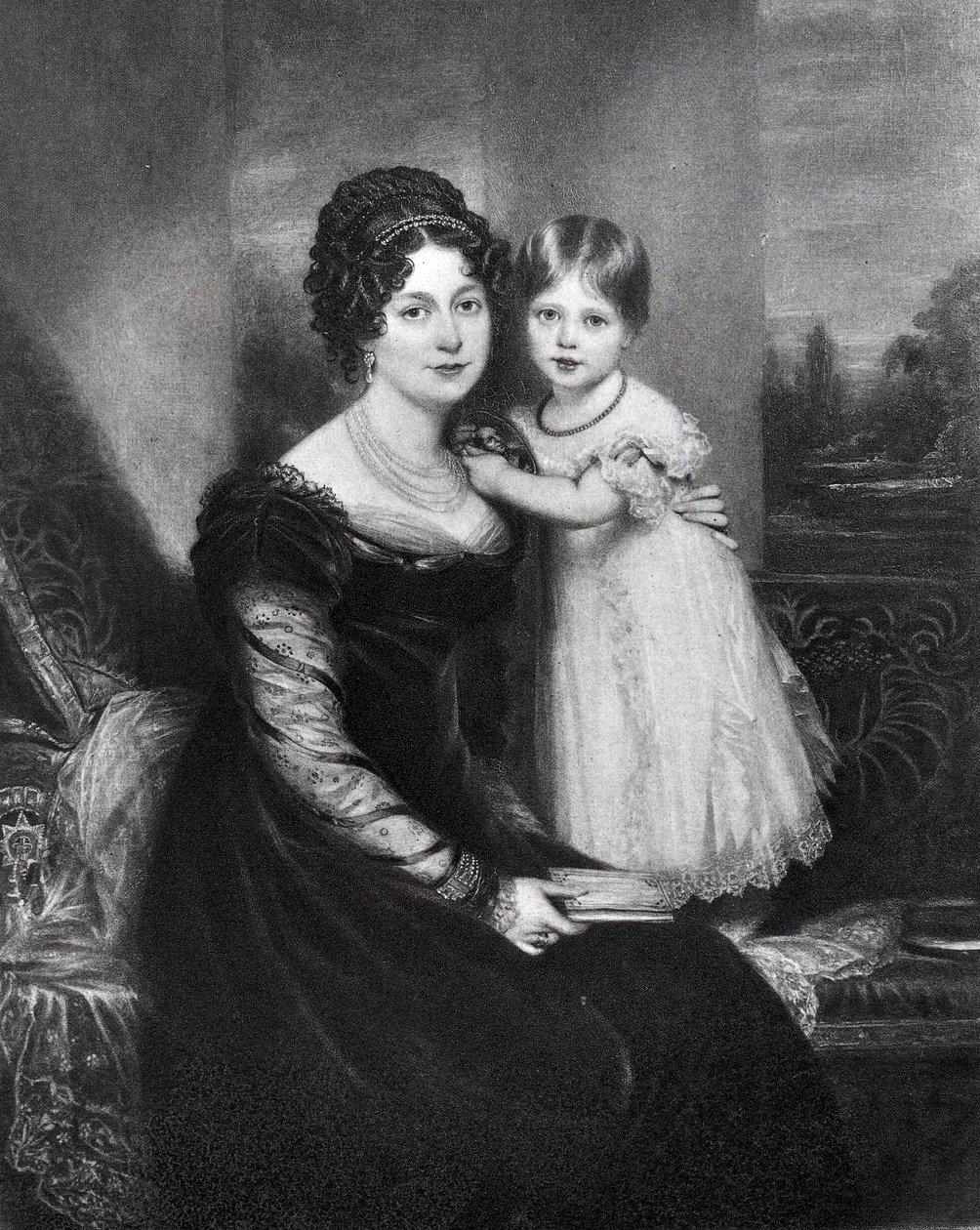 Dronning Victoria som spedbarn med sin mor hertuginnen av Kent, ca. 1822 av English School