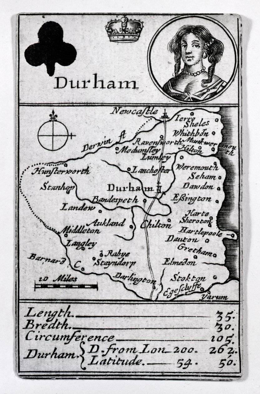 Queen of Clubs og Durham kart, ca. 1675 av English School