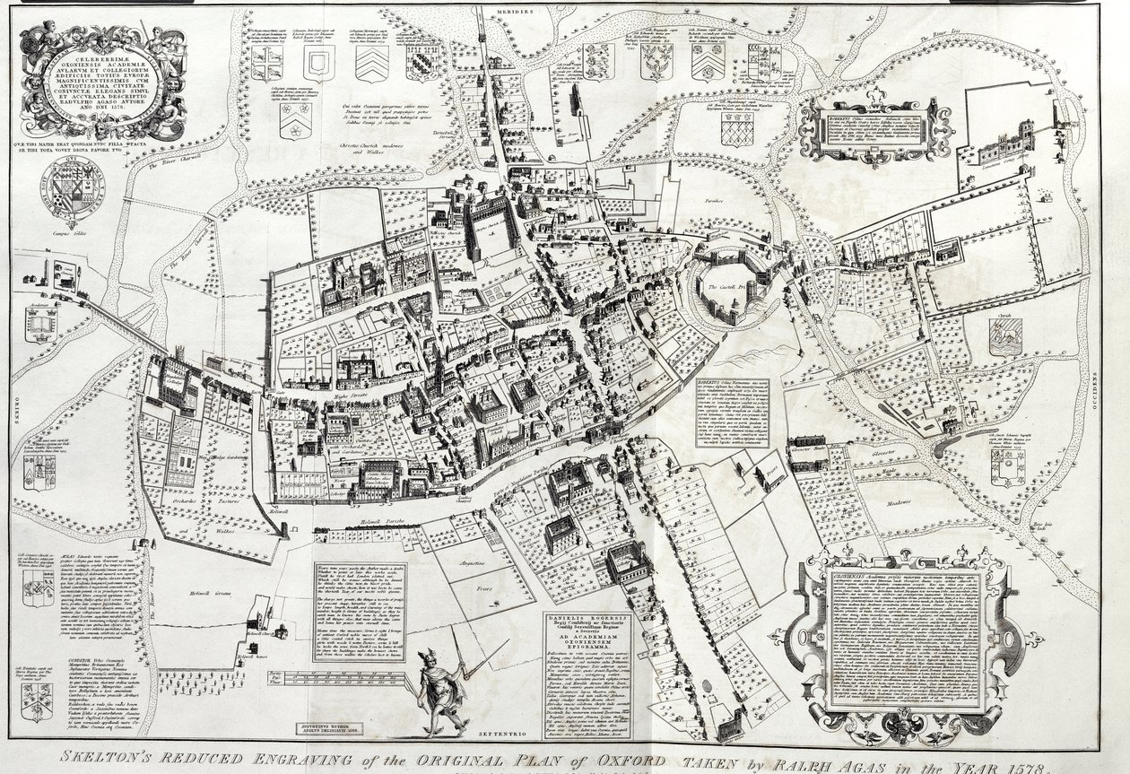 RSOS168, Frontispice til Oxonia antiqua restaurata, et fugleperspektiv av Oxford, redusert versjon av originalen av Ralph eller Radulph Agas (ca. 1540-1621) fra 1578, av Joseph Skelton, Oxford, gravert av W av English School