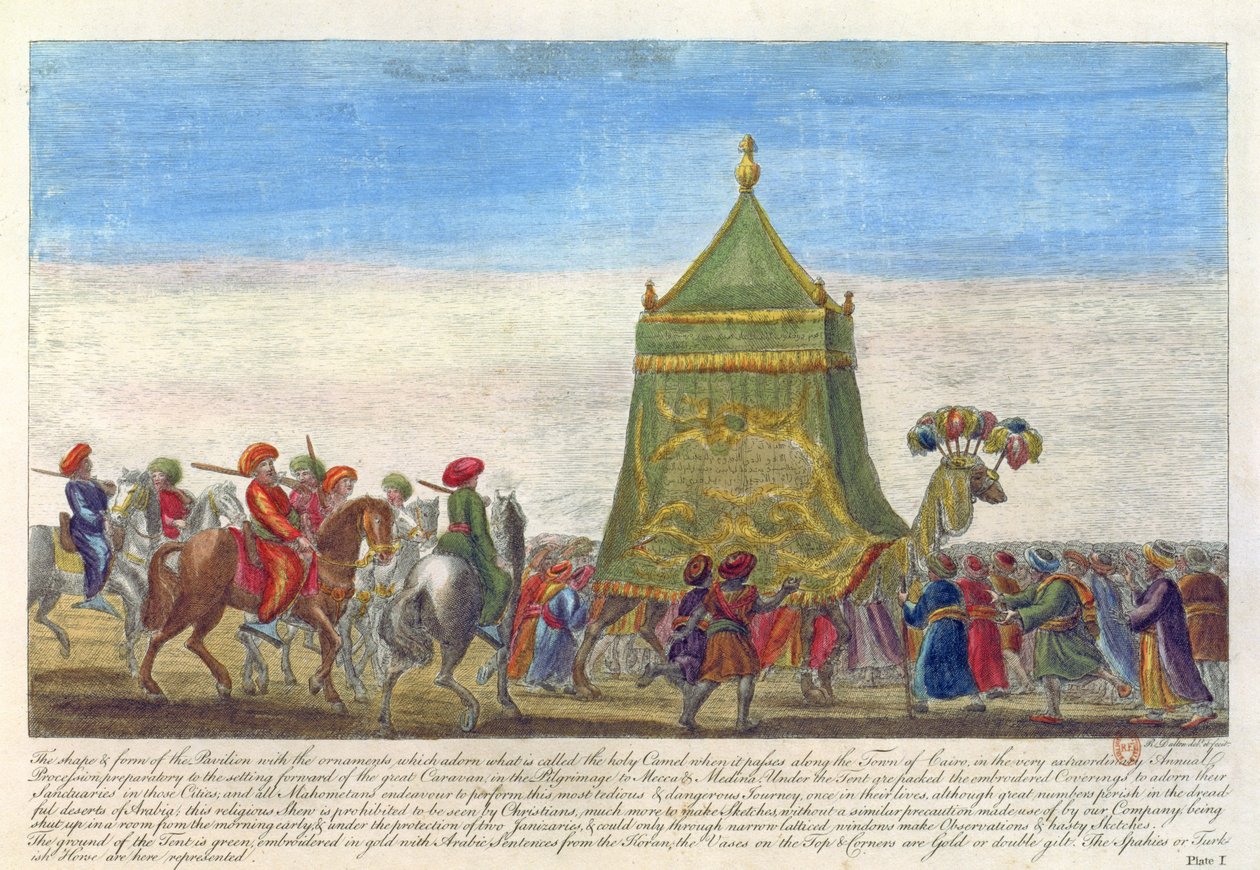Religiøs parade som feirer den årlige avgangen til Mekka fra antikviteter og utsikter i Hellas og Egypt skrevet av Richard Dalton, 1701 av English School