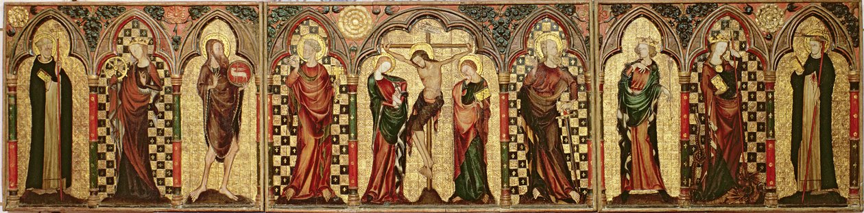 Retabell som viser korsfestelsen med åtte hellige, ca. 1300 (tempera og bladgull på panel) (se også 1713) av English School