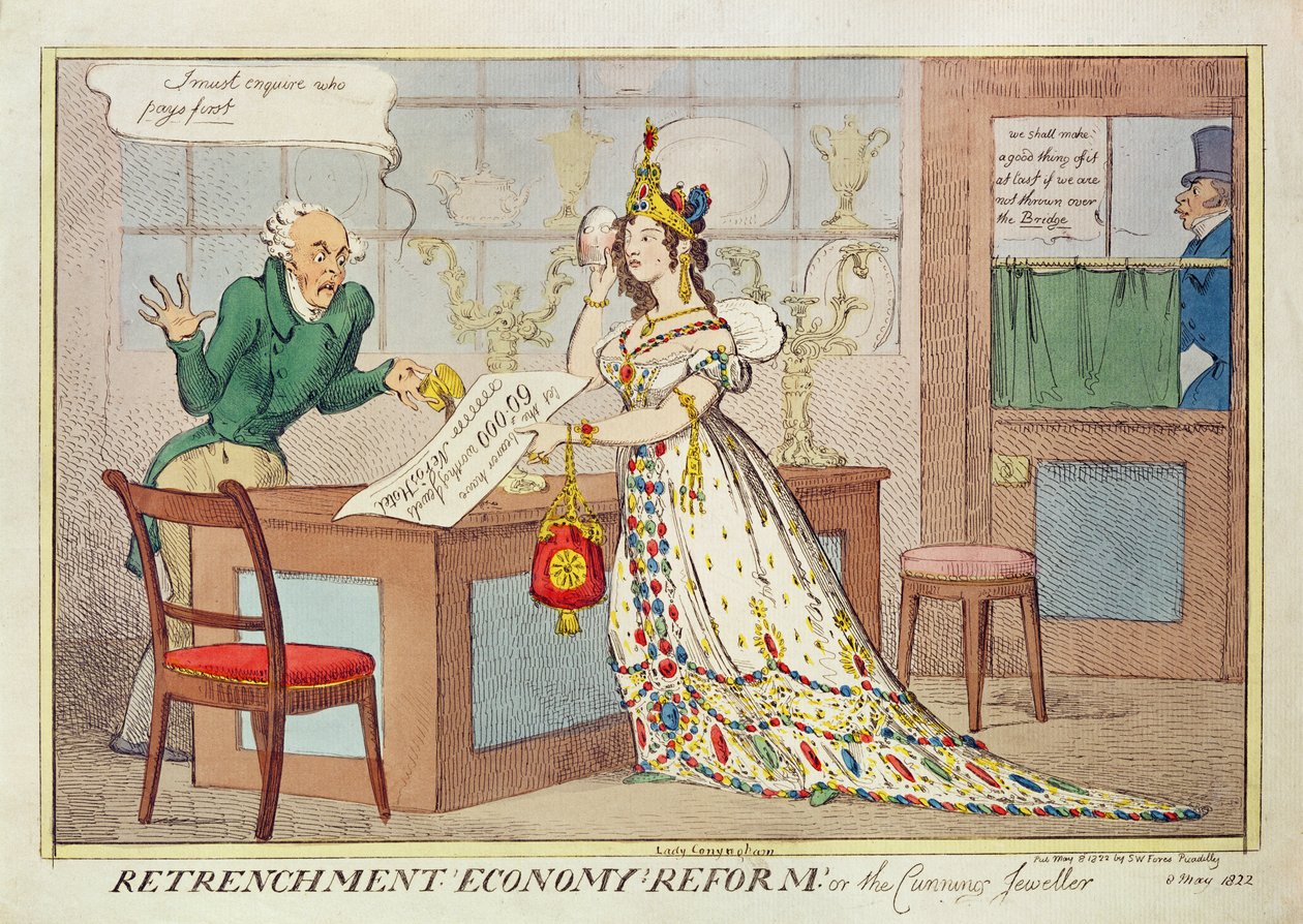 Retrenchment Economy Reform, or the Cunning Jeweller, 1822 (fargetsning) av English School