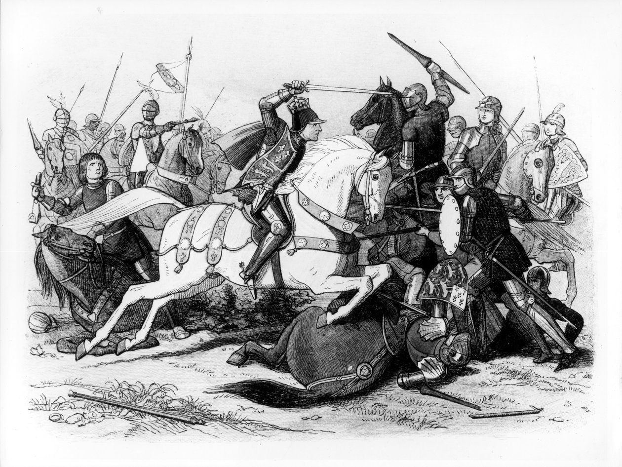 Richard III (1452-85) i slaget ved Bosworth i 1485 av English School