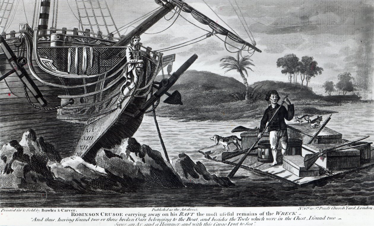 Robinson Crusoe bærer bort de mest nyttige restene av vraket på flåten sin av English School