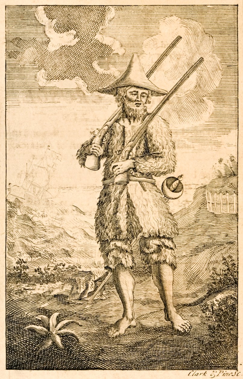 ?Robinson Crusoe? frontispice-illustrasjon som viser den antatte forfatteren Crusoe på kysten med musketter og sverd, fra ?The Life and Strange Surprising Adventures of Robinson Crusoe, eller York, Marine av English School