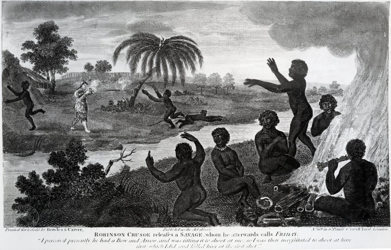 Robinson Crusoe gir ut en Savage, som han etterpå kaller fredag, illustrasjon fra 