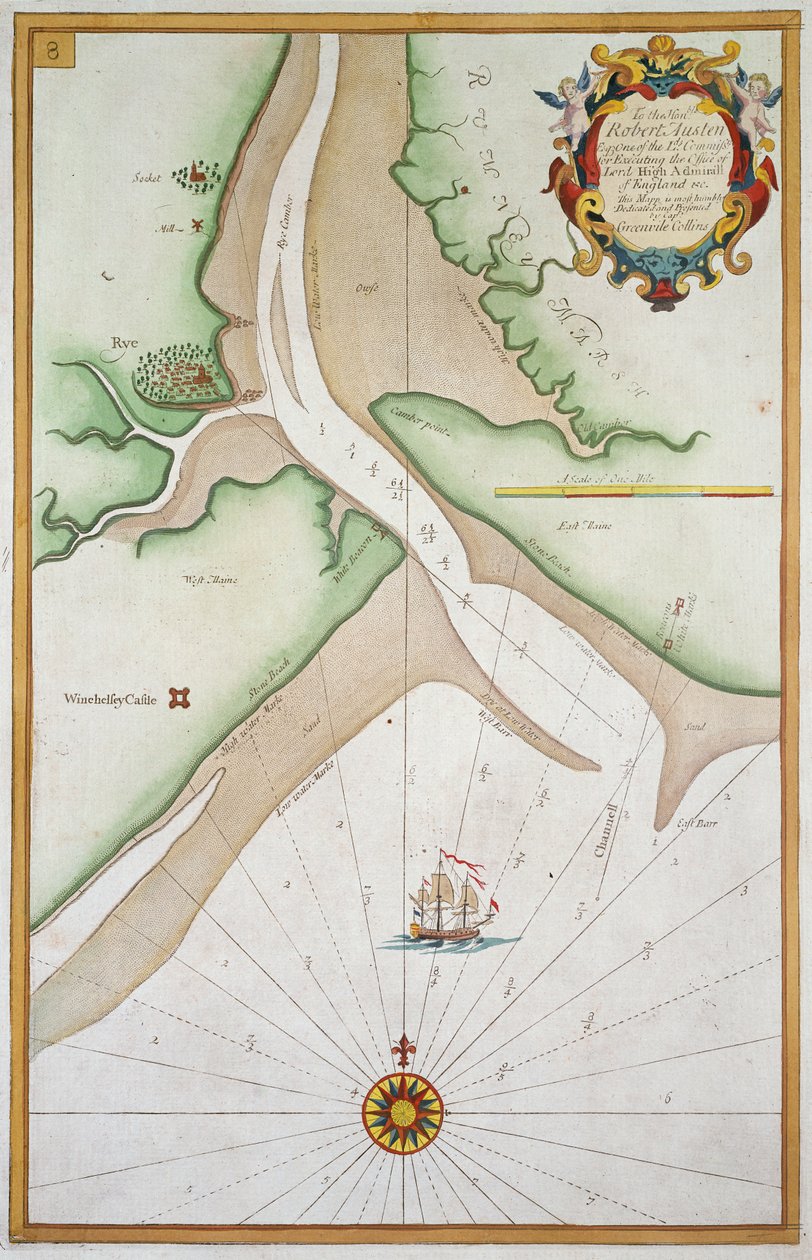 Rye og Winchelsea Castle (blekk på papir) av English School