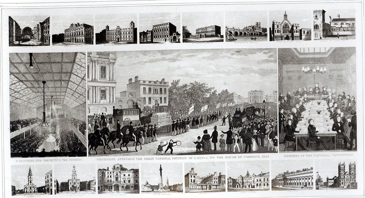 Scener knyttet til presentasjonen av begjæringen til parlamentet av Thomas Duncombe (1796-1861) i 1842 (se 105427) av English School