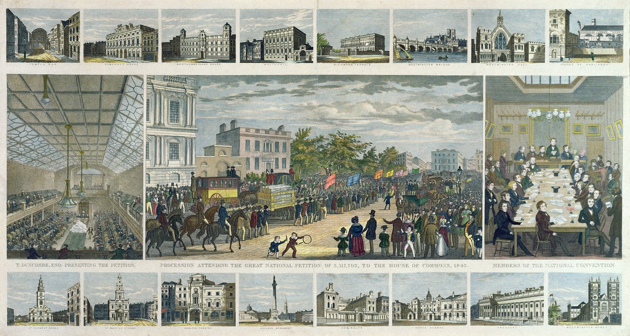 Scener knyttet til presentasjonen av begjæringen til parlamentet av Thomas Duncombe (1796-1861) i 1842 av English School