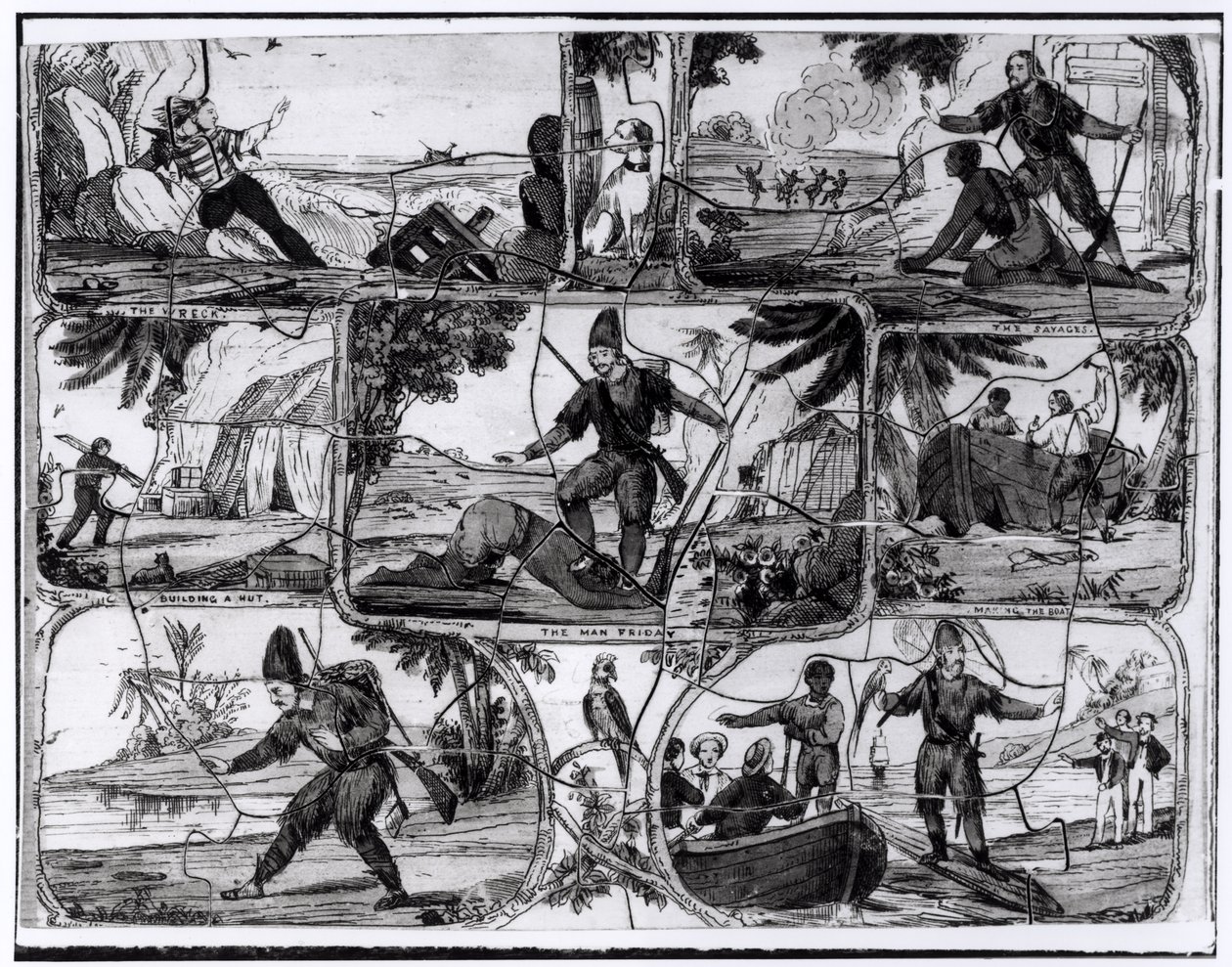 Scener fra "Robinson Crusoe" av Daniel Defoe (1660-1731) av English School