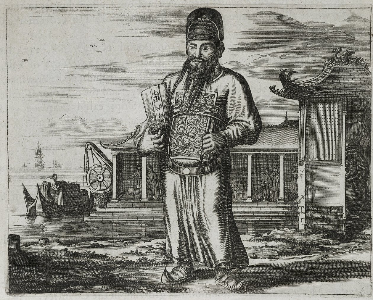 Senior embetsmann som samler inn skatter, illustrasjon fra en beskrivelse av ambassader til Kina, 1690 av English School