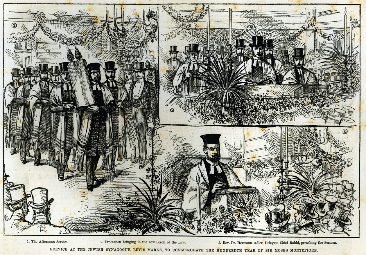 Tjeneste ved den jødiske synagogen, Bevis Marks, for å minnes det hundreåret til Sir Moses Montefiore, fra 