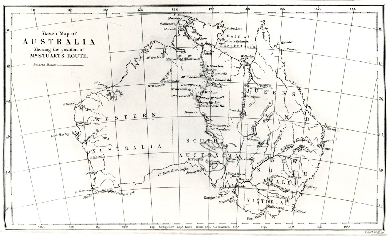 Skissekart over Australia som viser posisjonen til Mr. Stuarts rute, 1864 av English School