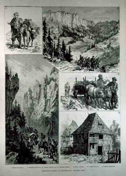 Skisser i Bosnia-Hercegovina, fra The Illustrated London News, 18. februar 1882 av English School