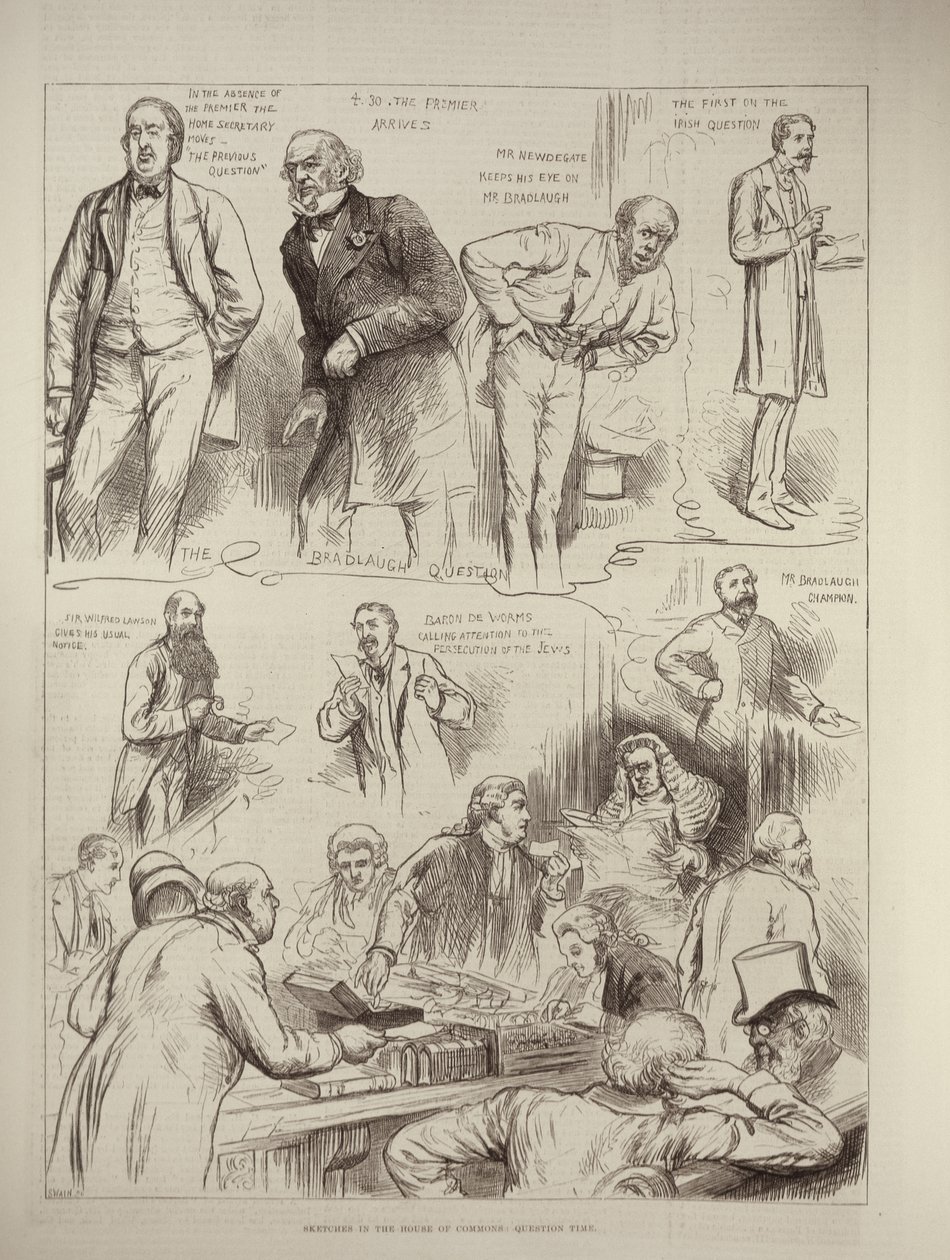Sketcher in the House of Commons: Spørretime, fra The Illustrated London News, 18. februar 1882 av English School