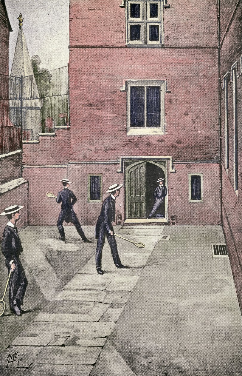 Squash Rackets at Harrow, illustrasjon fra Lawn Tennis Rackets and Fives, pub. 1890 av English School