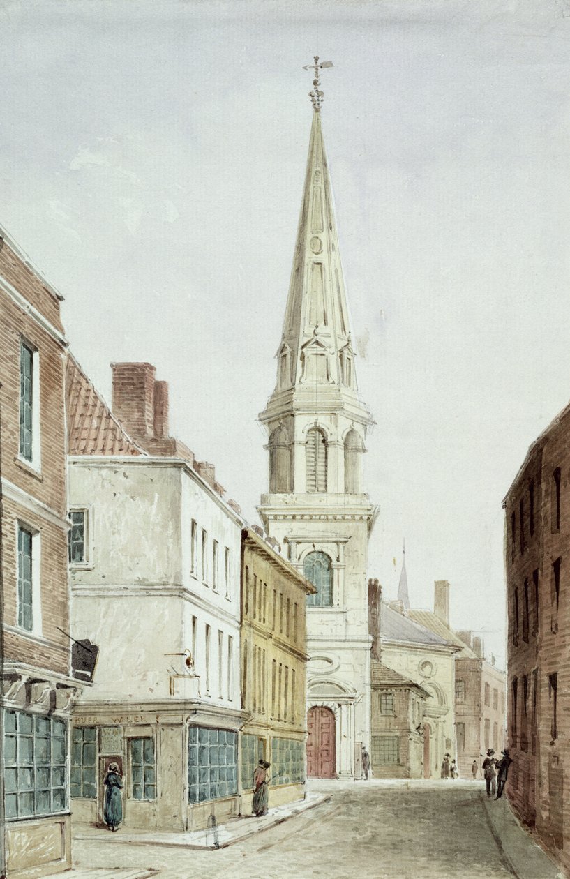 St. Antholins Church, utsikt fra vest langs Watling Street, ca. 1850 (wc på papir) av English School