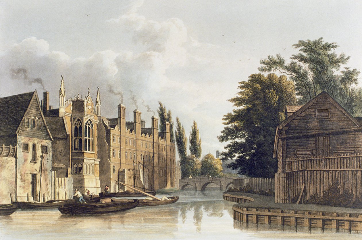 St. Johns College, Cambridge fra Fishers Lane, tallerken fra A History of Cambridge av R. Ackermann, 1815 av English School