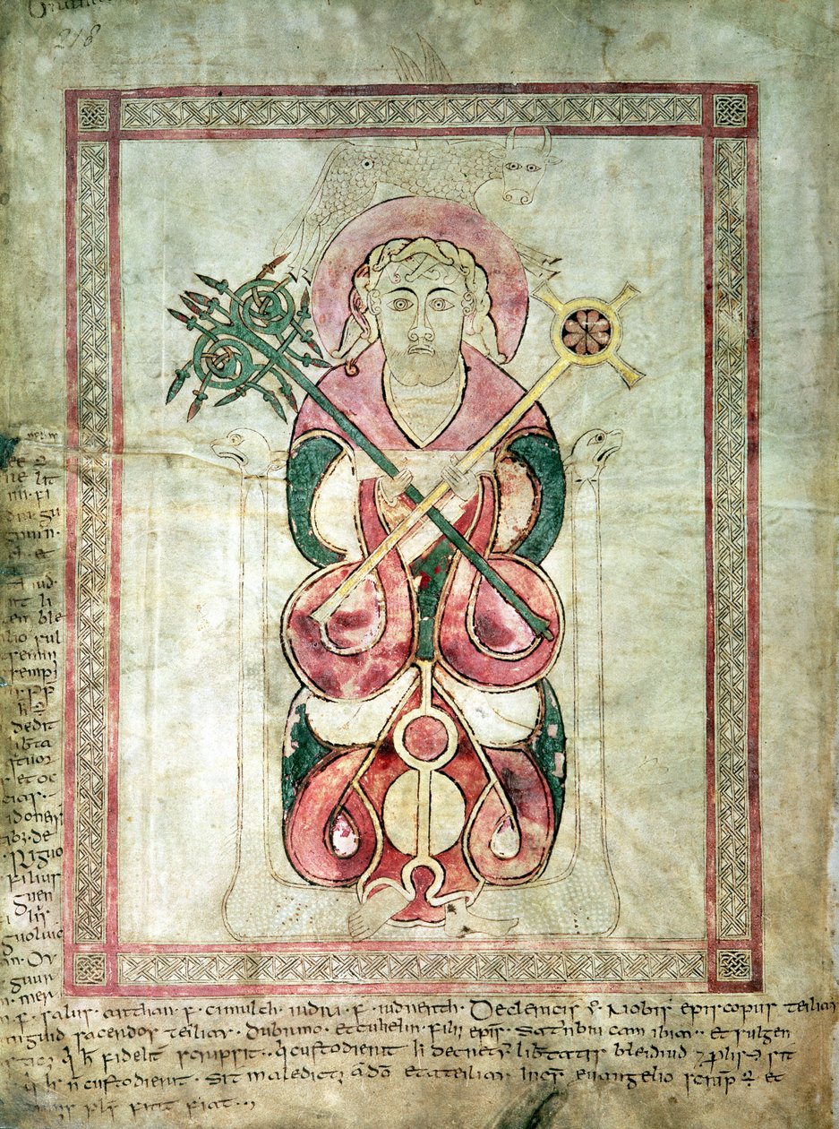 St. Luke og hans bevingede kalv, tittelside til St. Luke-evangeliet, fra Lichfield-evangeliene, ca. 720 av English School