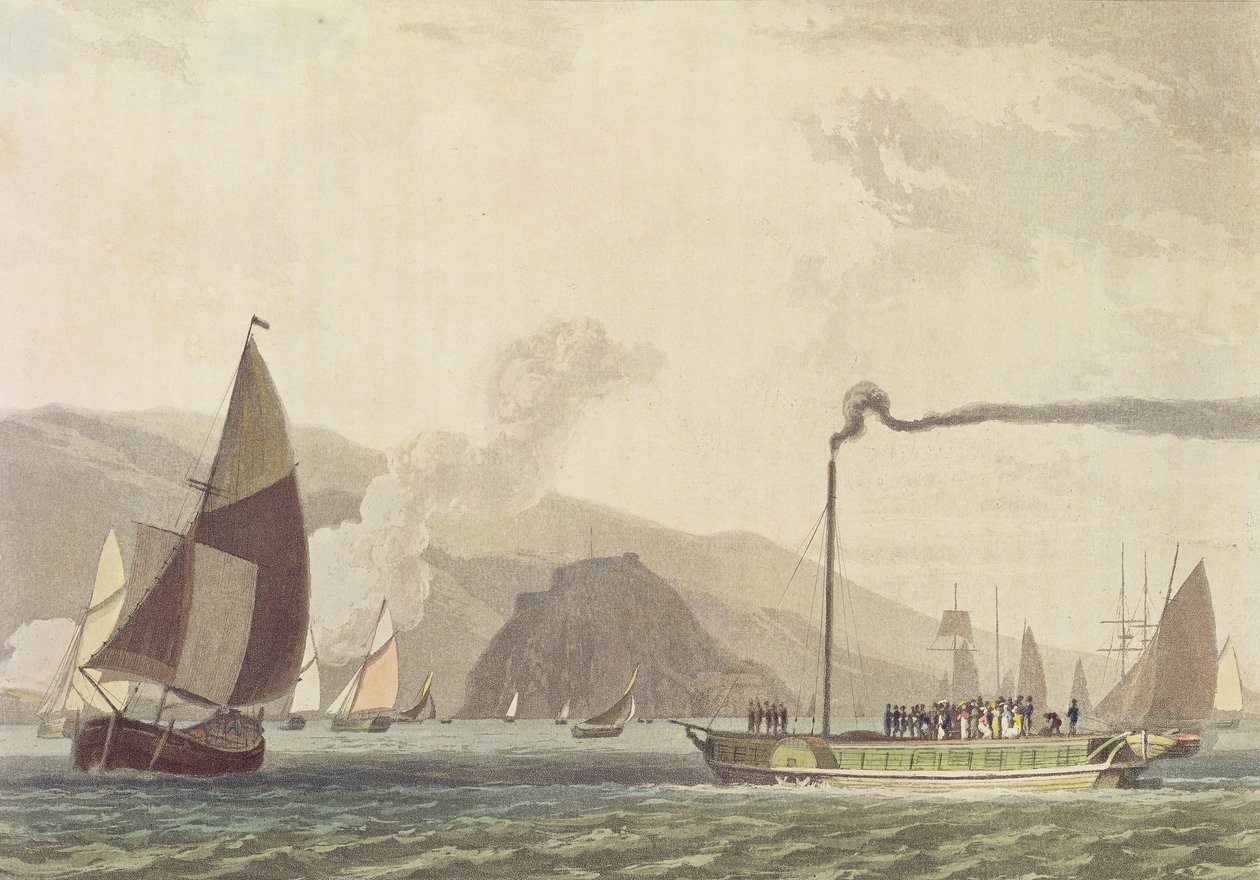 Steam Boat on the Clyde nær Dumbarton, 1802 (akvatint) av English School