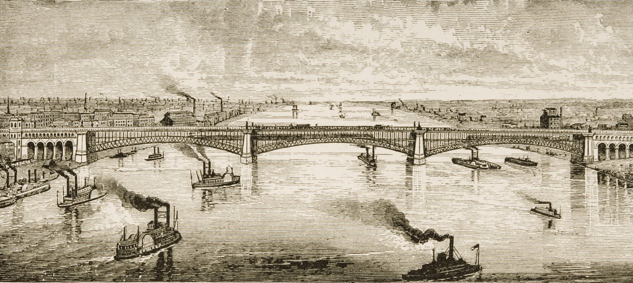 Stålbro som krysser Mississippi-elven ved St. Louis, ca. 1874, fra 
