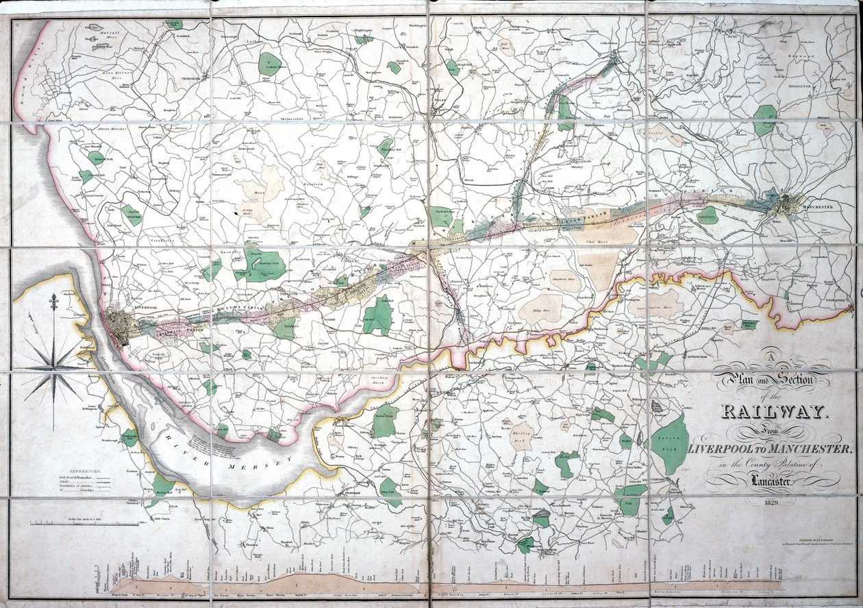 Stephensons kart over Liverpool & Manchester Railway, ca. 1824-1830 av English School