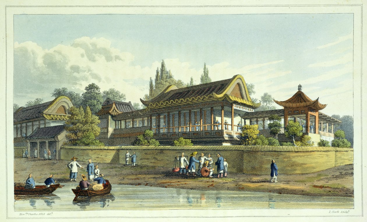 Summer Palace of the Emperor, Opposite the City of Tien-Sing, plate 2 fra Journal of the Proceedings of the Late Embassy to China, gravert av J. Clark, 1817 (akvatint) av English School