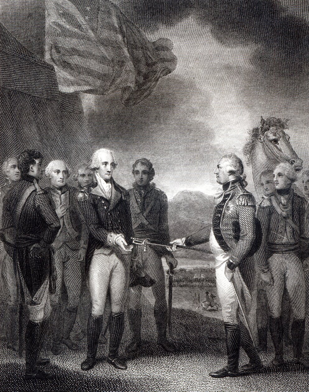 Overgivelse av Lord Cornwallis i Yorktown, 1781 av English School
