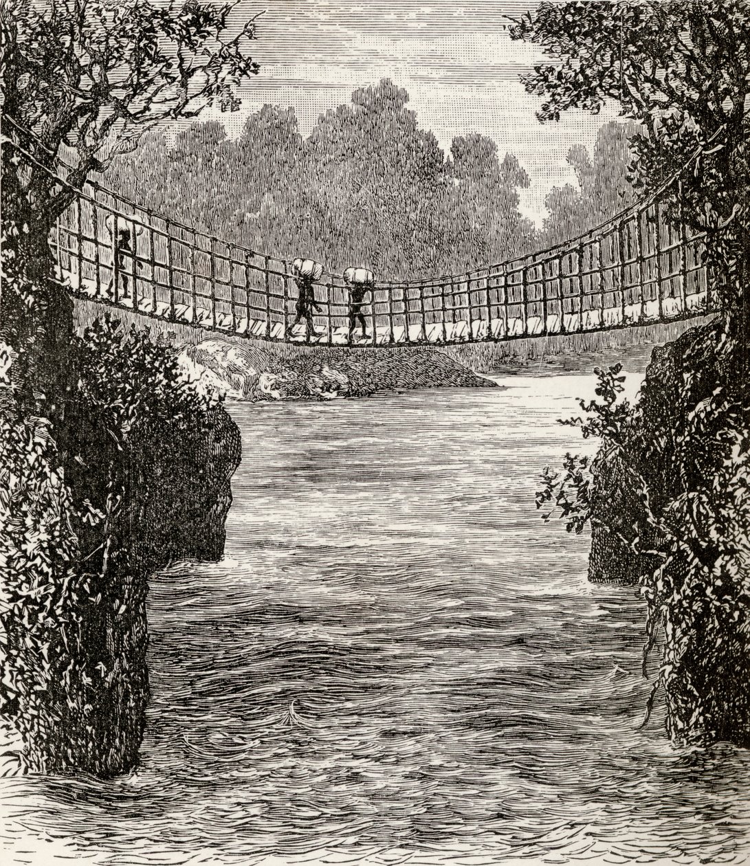 Hengebro over Ituri-elven, Kongo, 1890 (tregravering) av English School