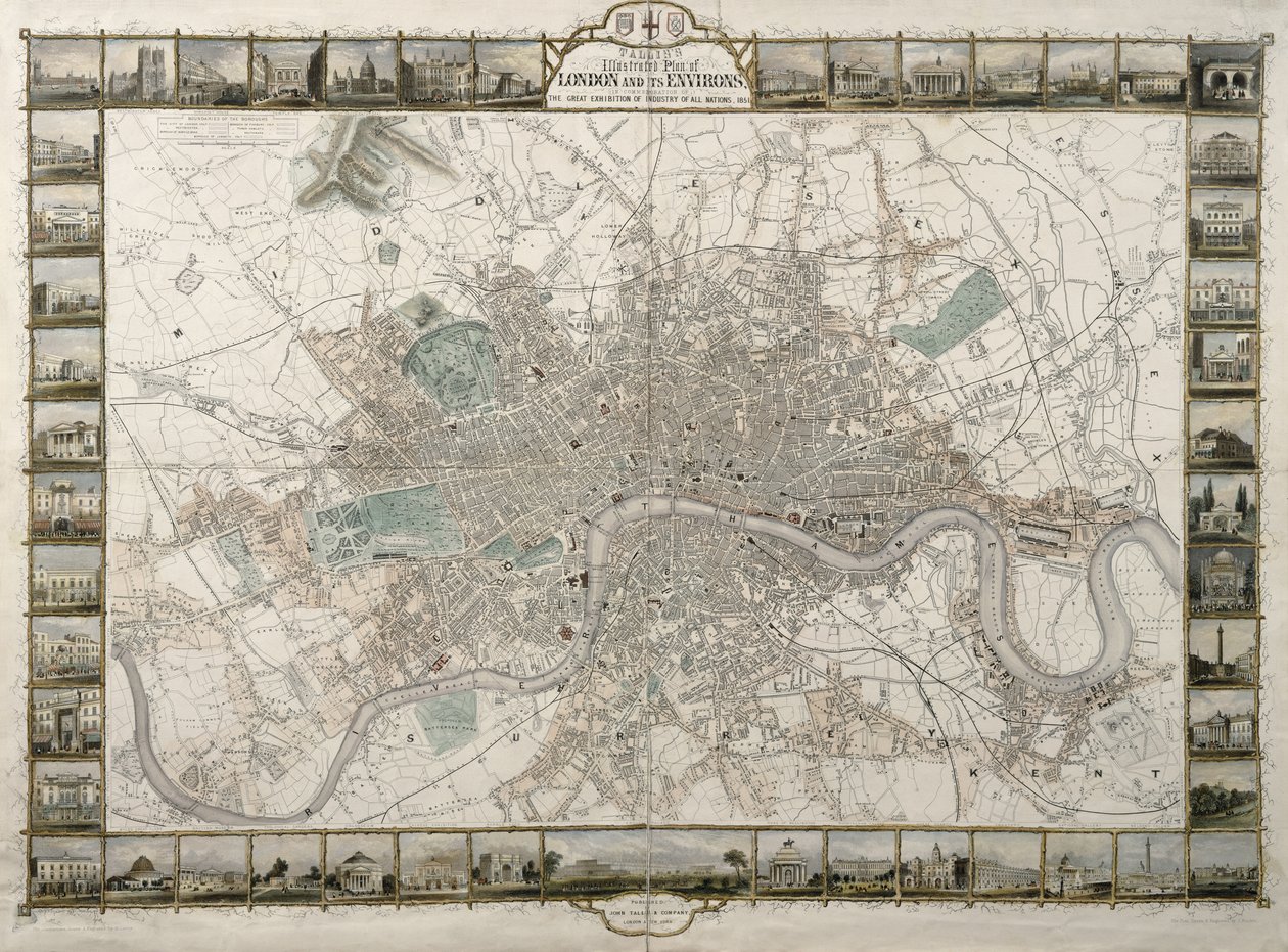 Talliss Illustrated Plan of London and the Environs, til minne om den store utstillingen for industri for alle nasjoner, 1851, utgitt av John Tallis & Co. av English School