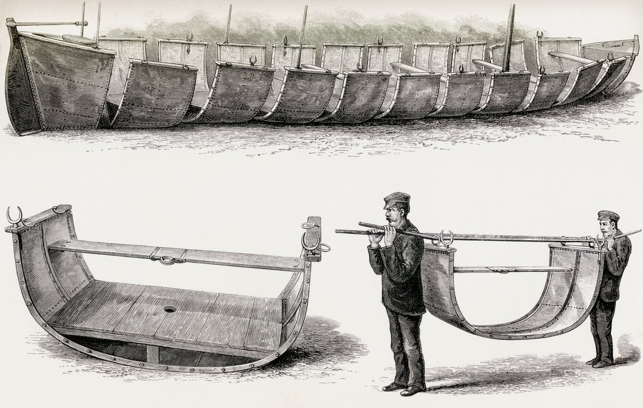 Den 28 fot store stålbåten Advance, designet for å bæres over land, 1890 (tregravering) av English School