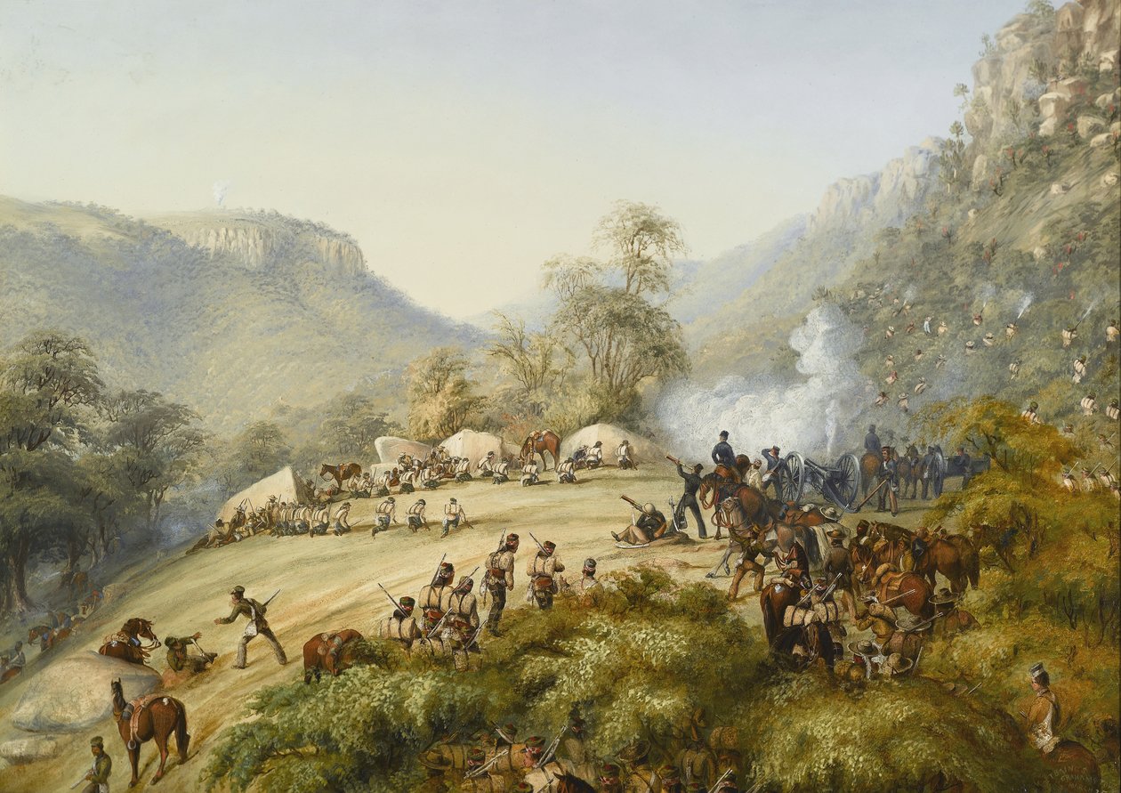 Det 74. regiment i et engasjement på høydene over Waterkloof, 1851 av English School