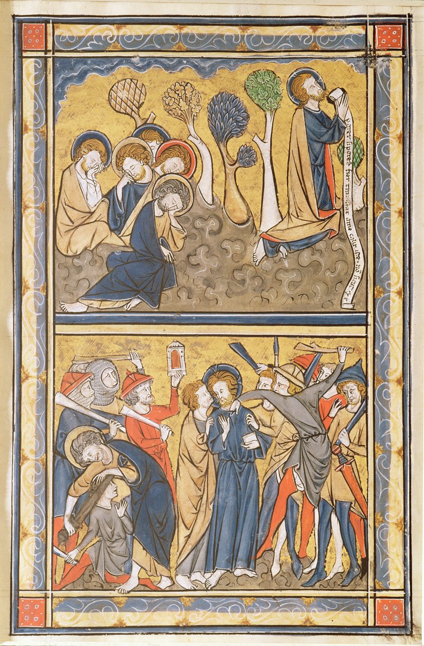 The Agony in the Garden and the Betrayal of Christ, blad fra en psalter, ca. 1270 (tempera, blekk og gullblad på vellum) av English School