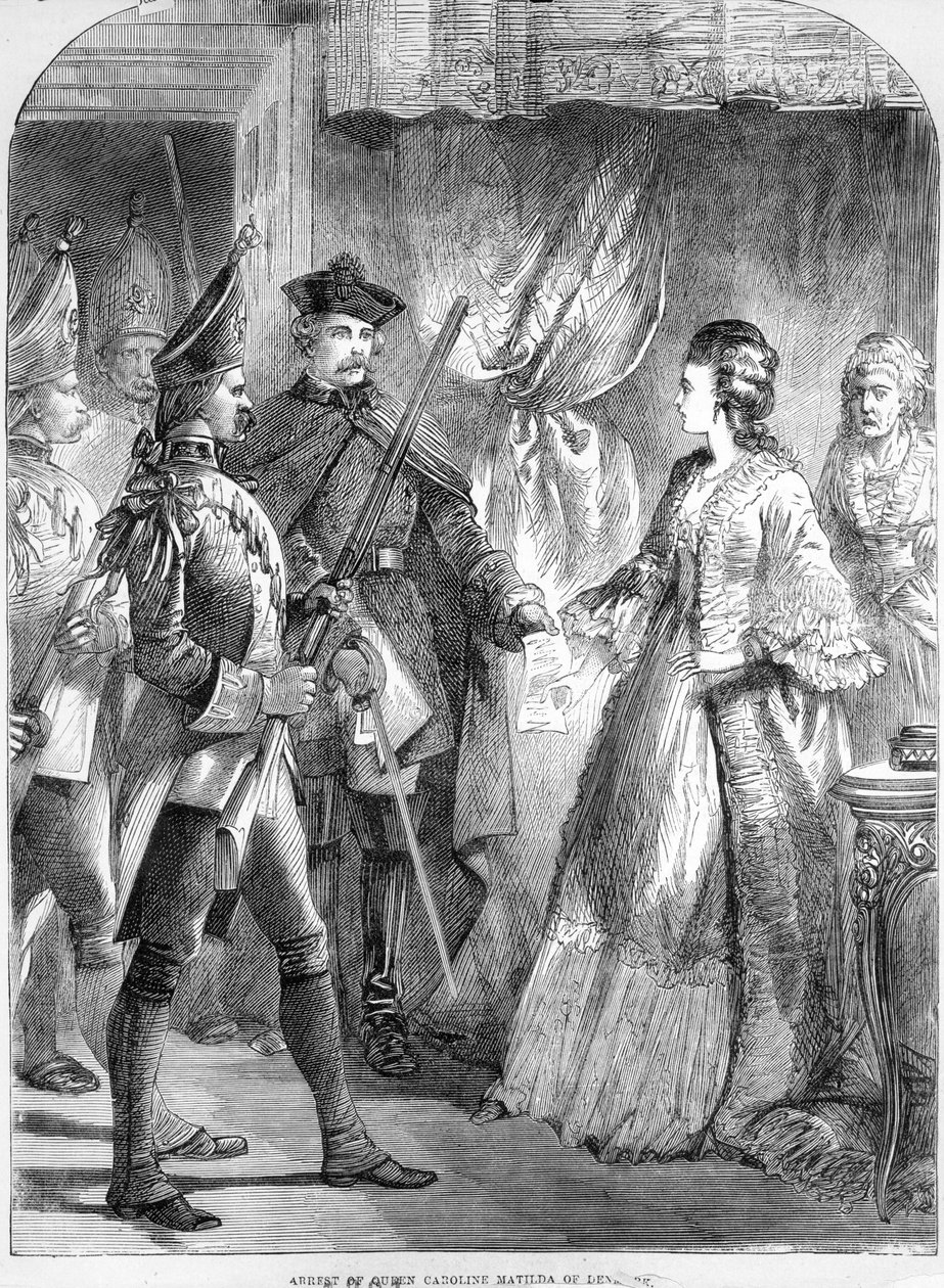 Arrestasjonen av Caroline Matilda, dronning av Danmark og Norge i 1772 (trykk) av English School