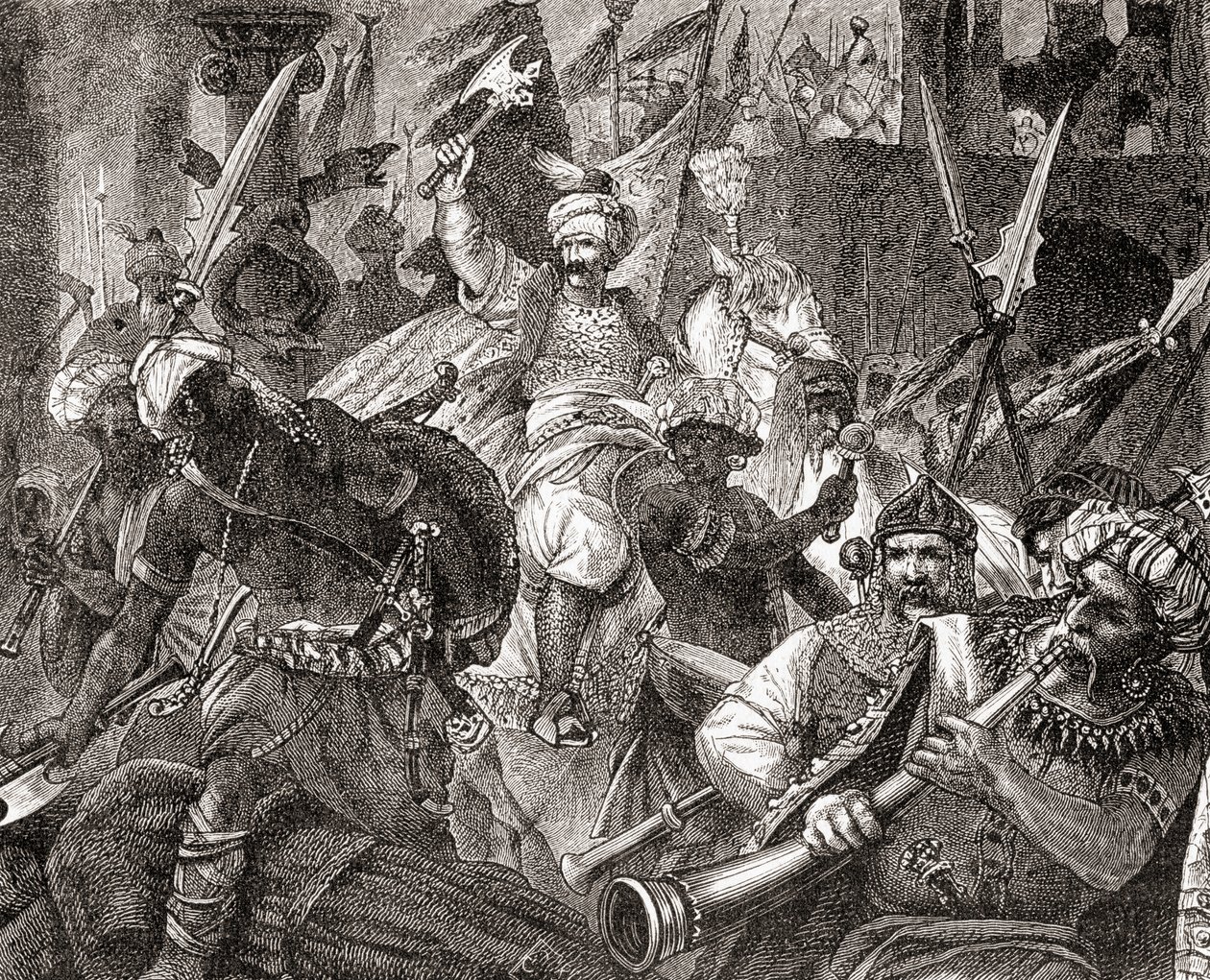 Slaget ved Alcacer Quibir aka Battle of Three Kings eller Battle of Oued al-Makhazin, Nord-Marokko, 4. august 1578, fra Ward and Locks Illustrated History of the World, pub. ca. 1882 av English School